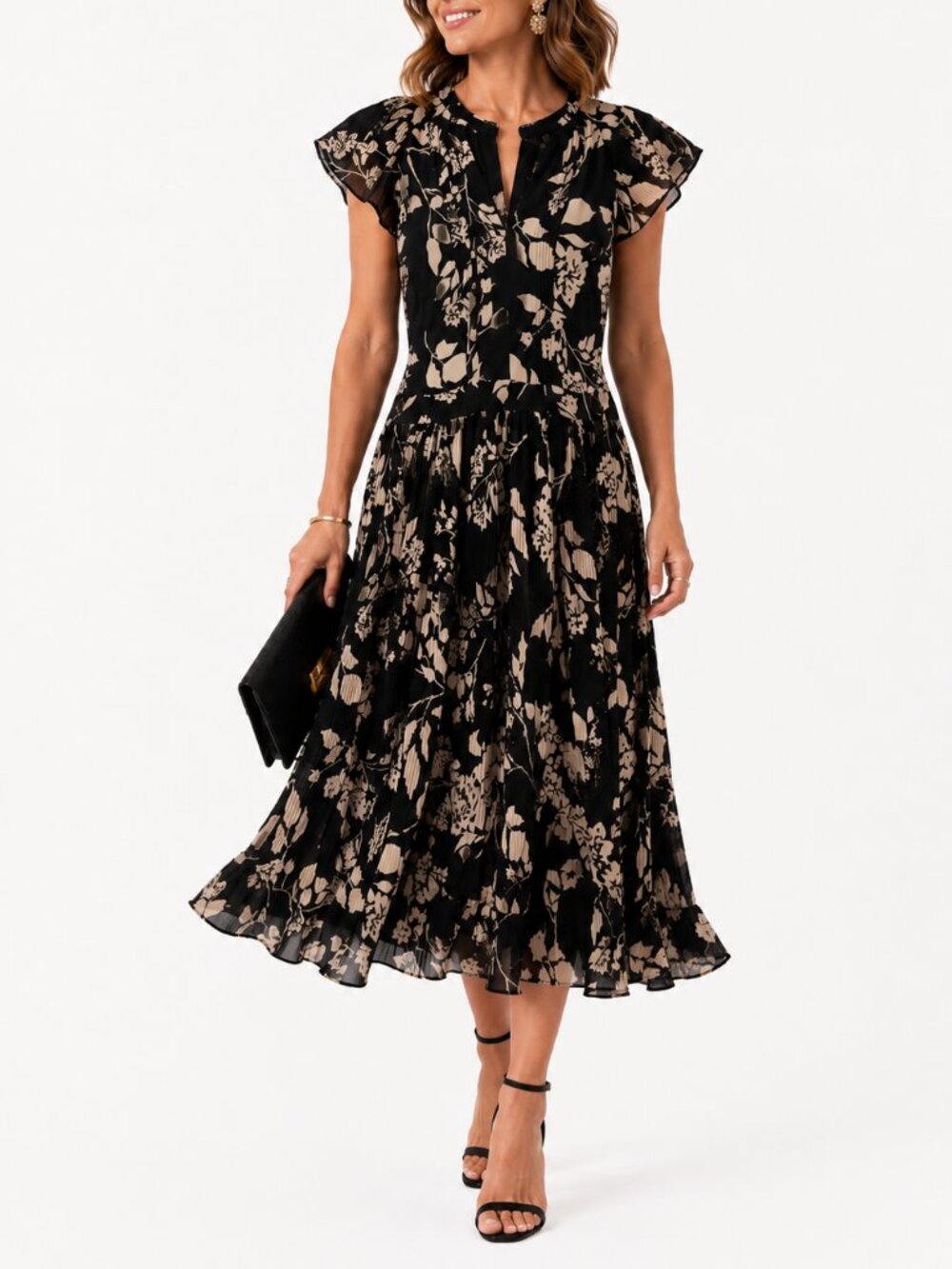 White House Black Market Black Floral Sophisticated Midi Dress Size 6